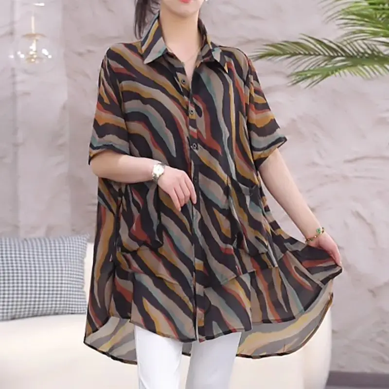 Temperament Medium and Long Women's Clothing Fashion Loose Oversized Short Sleeve Lapel Spliced Button Casual Printed Tops Shirt