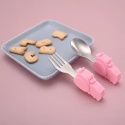 Cuchara y tenedor de silicona para niños, utensilios de entrenamiento para aprender a comer, juego de vajilla para niños