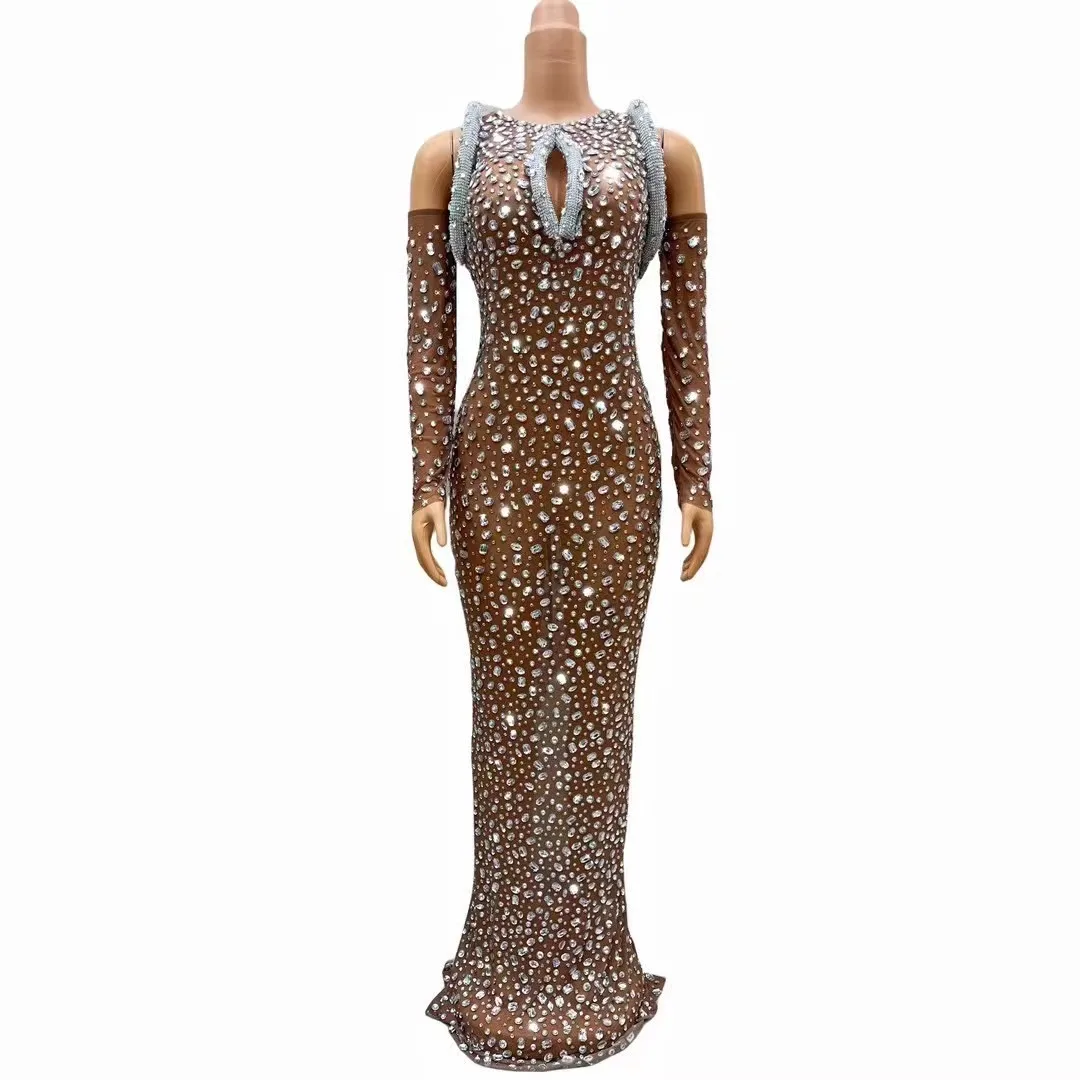 Sexy Shining Silver Crystals Brown Cuffs Dress Performance Rhinestones Outfit Costume Dance Clothing Singer Dancer Gowns