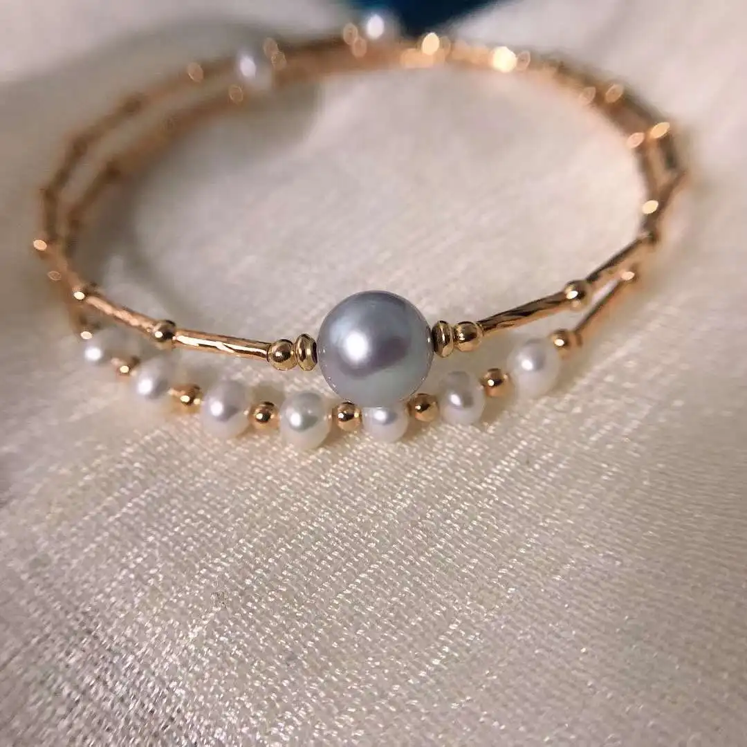 

Explosive Double Row Bracelet 4-5MM Natural High Quality Freshwater Pearl + 9-10MM Round Grey Freshwater Pearl Bracelet