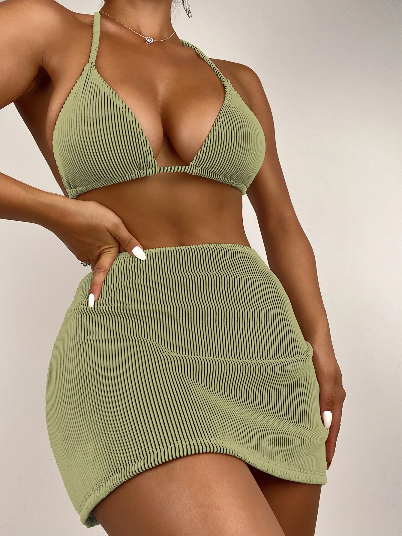 

3 Pieces Triangle Halter Bikinis Swimsuit & Beach Skirt Sexy Swimwear Women 2023 Bathing Swimming Suit Female Summer Beachwear
