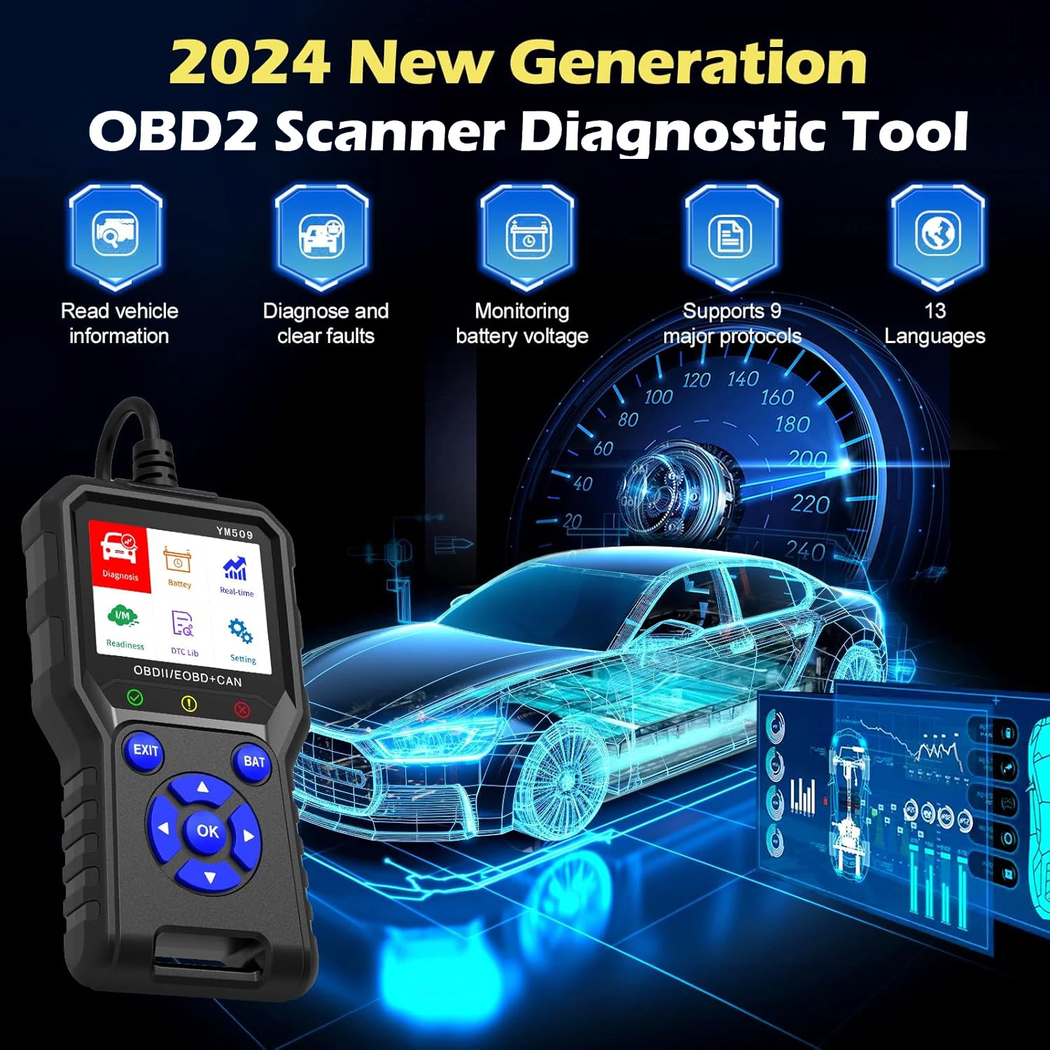 Code Reader YM509 OBD2 Scanner Car Diagnostic Tool Multi-Language Live Data OBDII Mechanic Scanner Check Engine Light Error Code 2