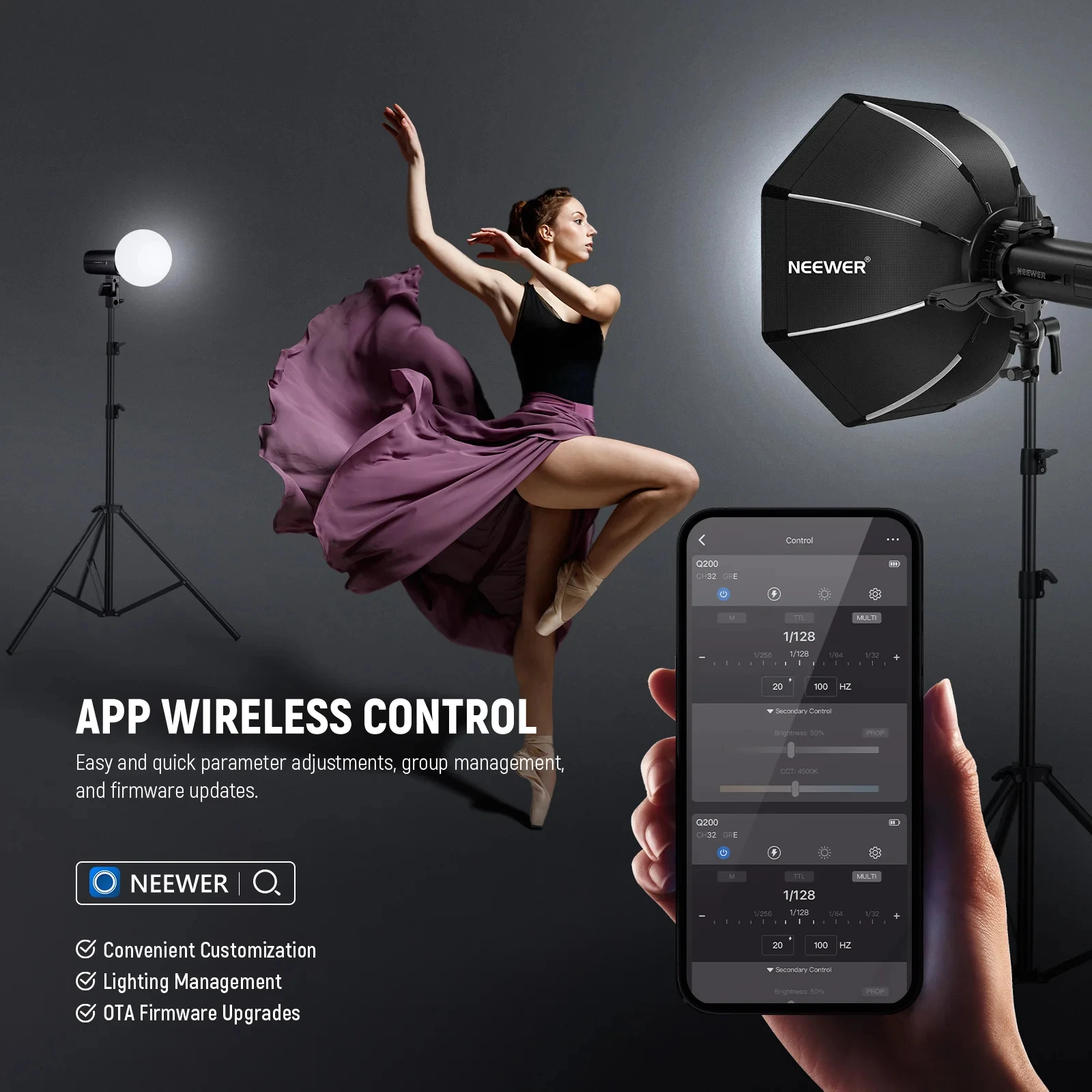 NEEWER Q200 200Ws 2.4G 야외 무선 TTL 플래시 (앱 컨트롤 지원) 1/8000 HSS 3200mAh 스트로보 플래시 (니콘, 캐논, 카메라용)