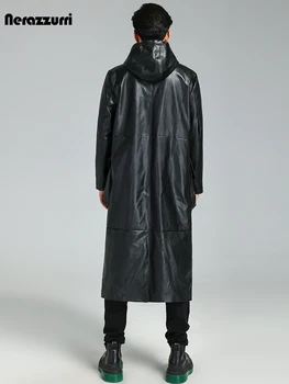 Black Soft Pu Leather Trench Coat Men 1