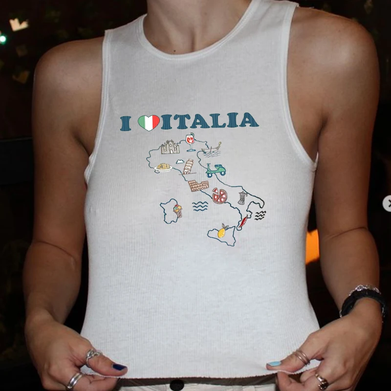 America Fashion Spicy Girl Sexy White Crop Top Y2K Summer I Love Letter Print Graphic Tanktop Donna Slim Senza Maniche O-Collo Top