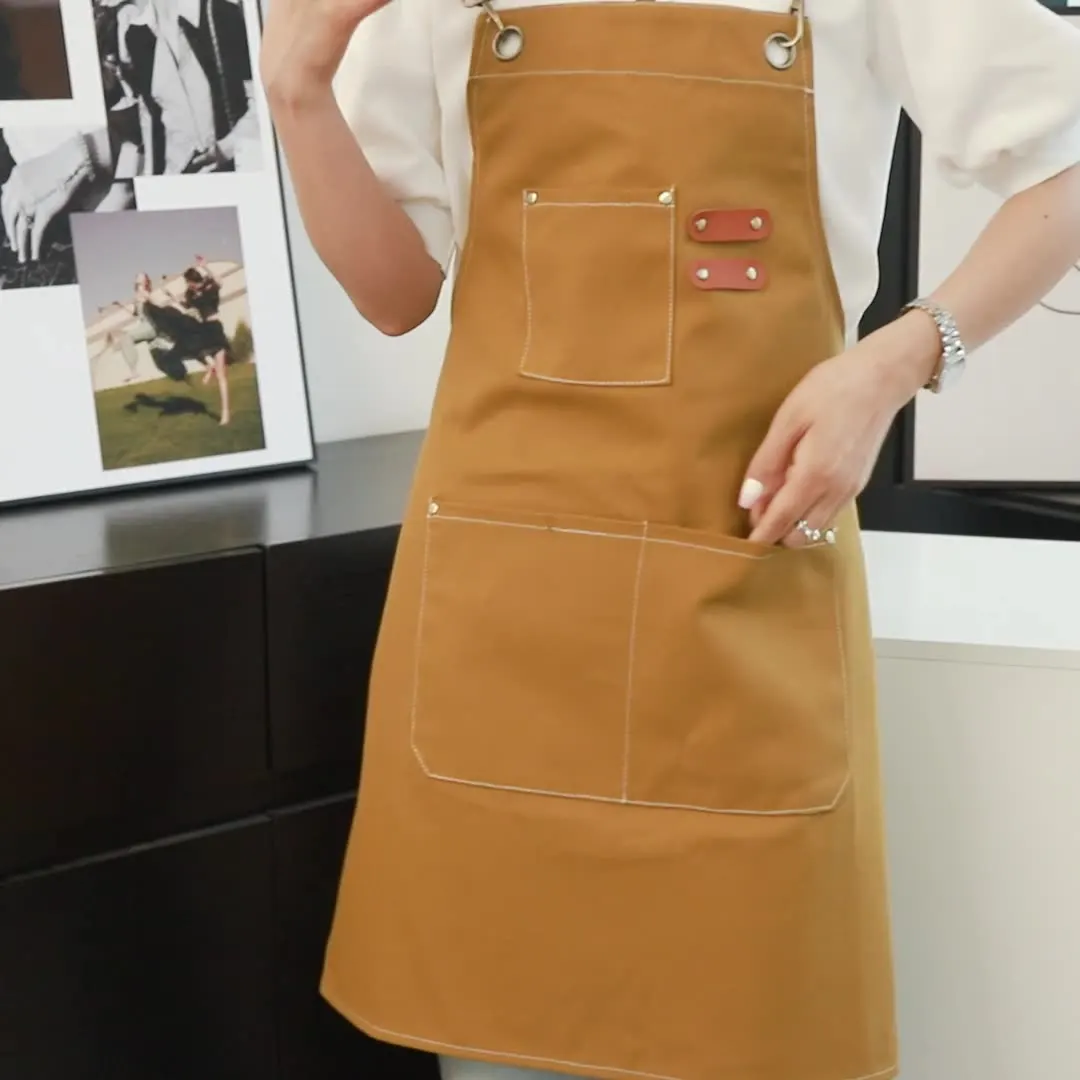 Untior New Fashion Canvas Kitchen Aprons With 3 Pockets Cross Back Pottery Anti Resistant Work Apron Applicable To Restaurant