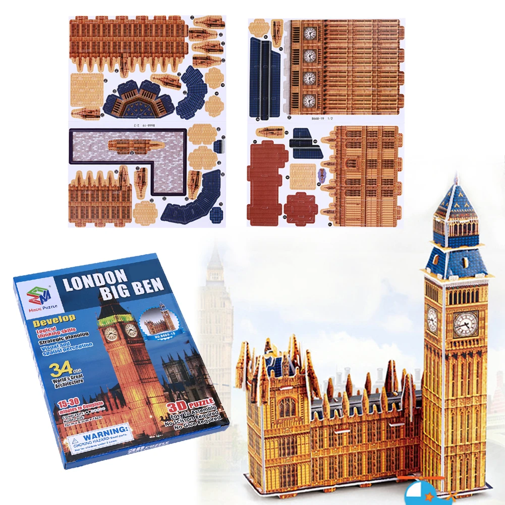 3D Jigsaw Puzzle Collection Decoration Big Ben DIY Assemble Puzzle 34 Pieces Architecture Craft Brain Teaser for Adults Children 3