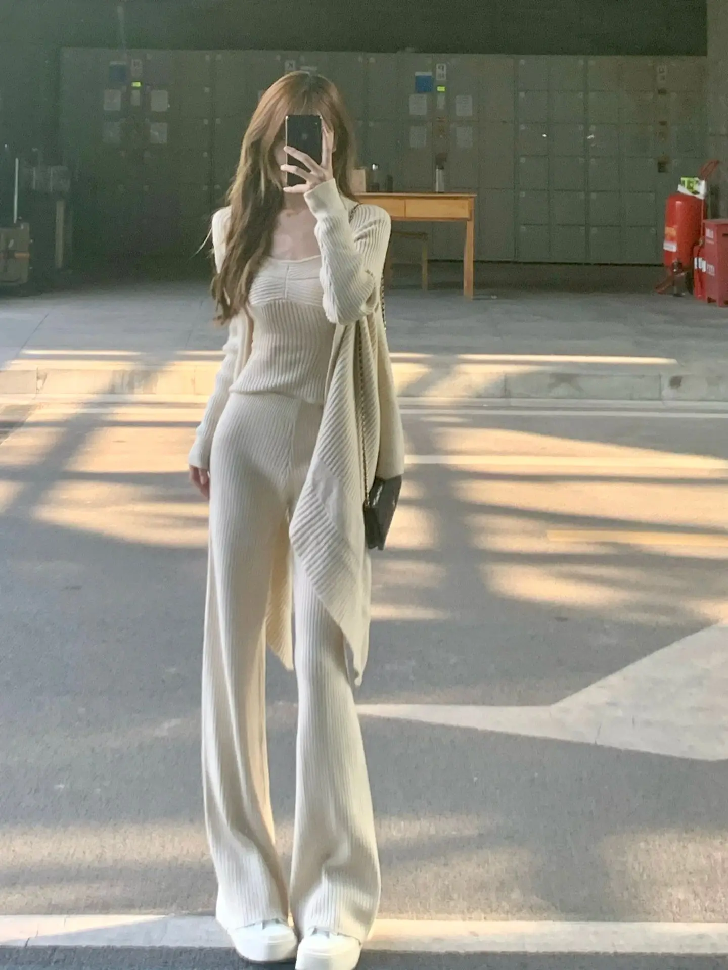 Conjunto de 3 piezas de punto liso para otoño e invierno, camiseta sin mangas para mujer, pantalones largos, cárdigan, suéter, jersey, moda coreana, conjuntos casuales, nuevo