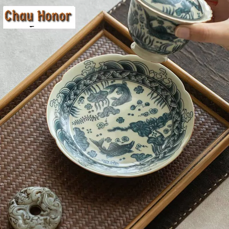 Ru Kiln Teapot Holder Bowl Boutique Fish And Algae Patterns Fruit Plate Zen Ceramic Tea Plate Retro Dry Brew Table Tea Tray Gift