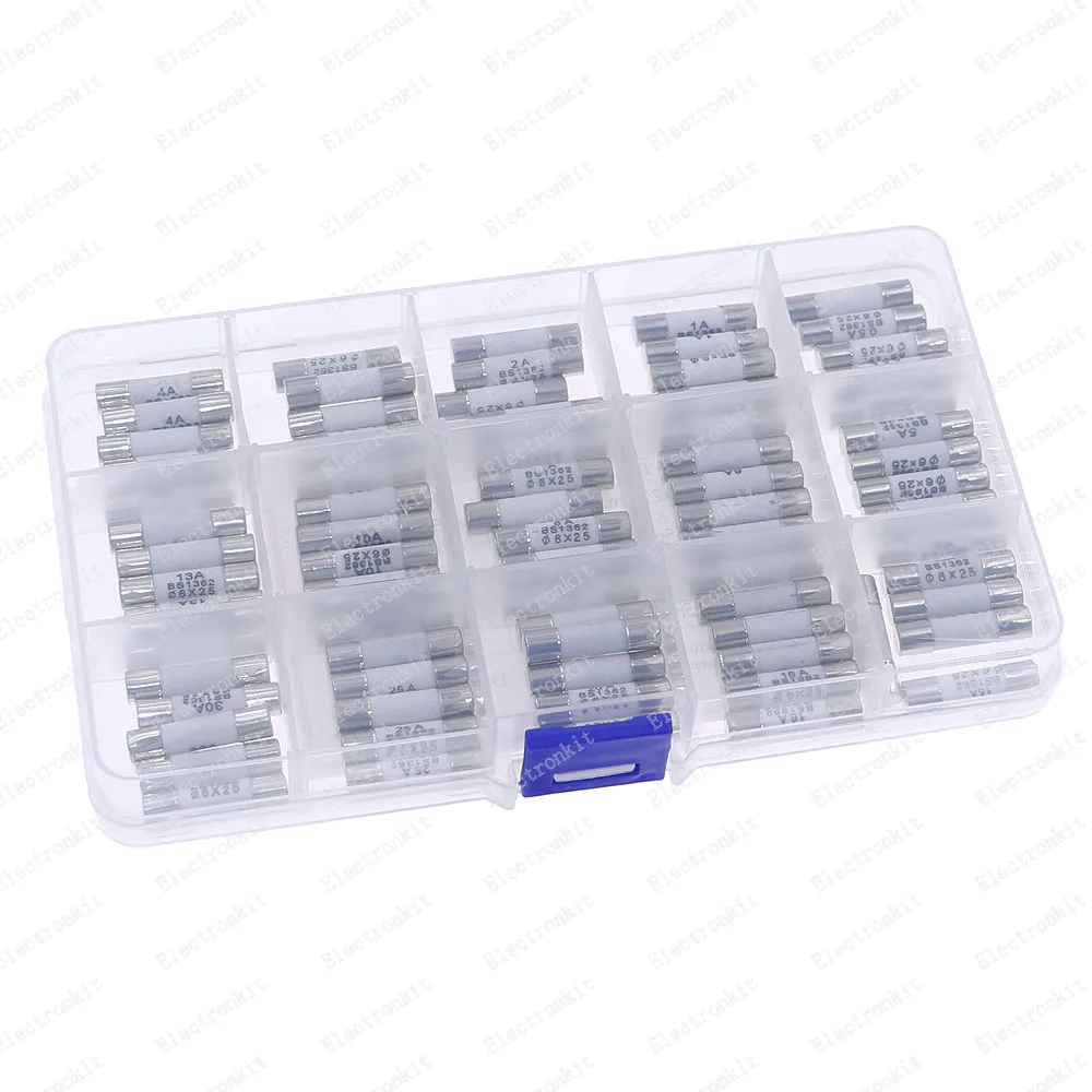 75pcs 6mm x 25mm 250V Fast Blow Ceramic Fuse Assortment Kit Box 0.5A 1A 2A 3A 4A 5A 6A 8A 10A 13A 15A 16A 20A 25A 30A