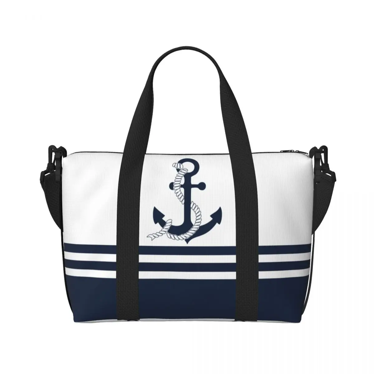 Nautical Blue Anchors With Blue And White Stripes Beach Tote Bag Extra Large Gym Carry On Navy Travel Shopping Bags