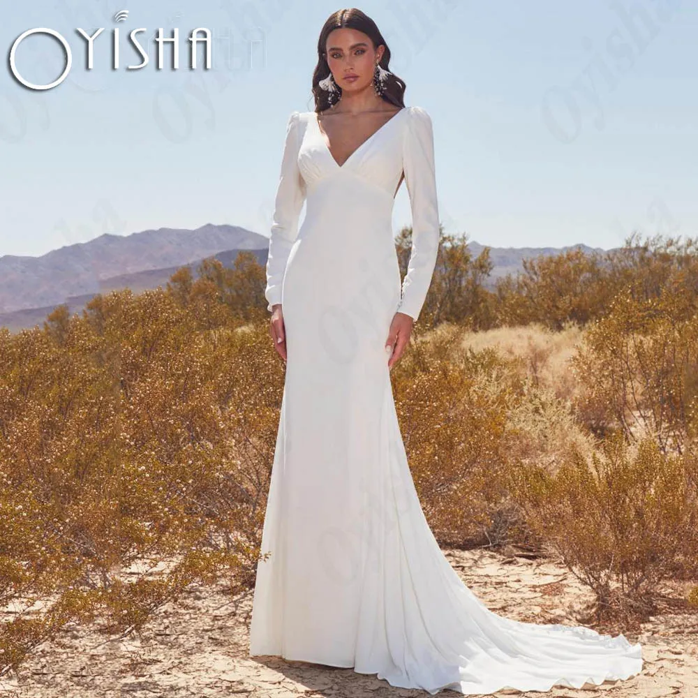 

OYISHA Long Sleeves Backless Wedding Dress For Women Mermaid Elegant V Neck Bridal Gown robes mariée 2024 Simple Stretchy Satin