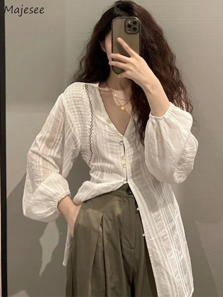 여성용 얇은 S-3XL 브이넥 롱 셔츠, 오피스 레이디 랜턴 소매, 부드러운 퓨어 시크, 통기성 올매치 한국 스타일, 하라주쿠 데일리