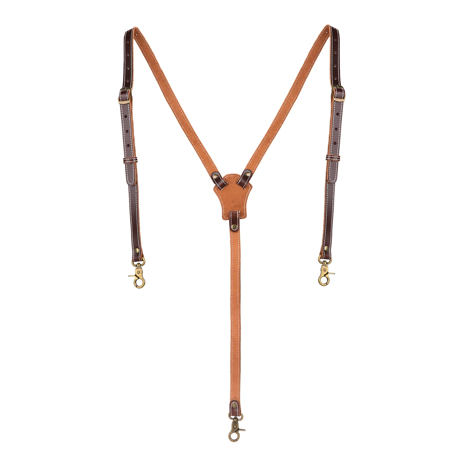 Tourbon 가죽 청바지 후크 버클 Y 스트랩 도구 벨트, 성인 셔츠 세트 스트랩 바지 멜빵 의무 벨트 하네스, 3 클립 다크 브라운