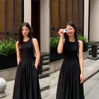Robe mi-longue noire vintage pour femmes, style de vacances, col rond, poches décontractées, vêtements de bureau pour femmes, nouveau 1