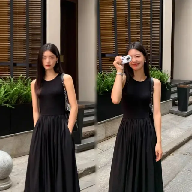Robe mi-longue noire vintage pour femmes, style de vacances, col rond, poches décontractées, vêtements de bureau pour femmes, nouveau 1