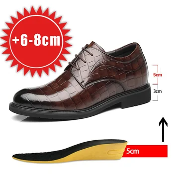Genuine Leather Men's Dress Shoes Hidden Heels Elevator Shoes 8CM 6CM Height Increased Shoes For Men Fashion Brown For Wedding