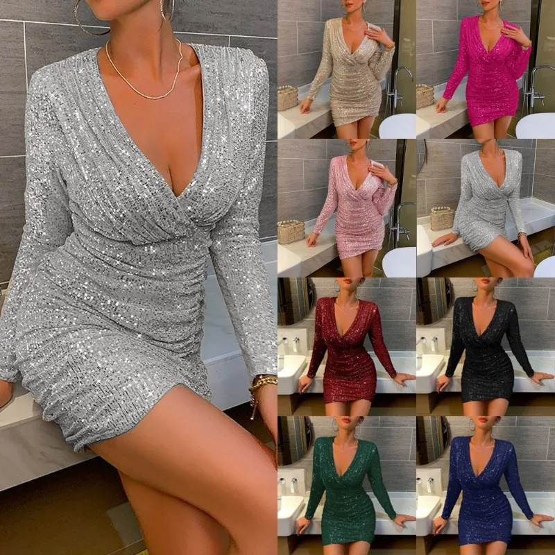 

Mini Dress for Women 2024 New Sequined Frilly Hip Skirt Sexy Nightclub Skirts V-Neck Long Sleeve Solid Vintage Slim Dresses