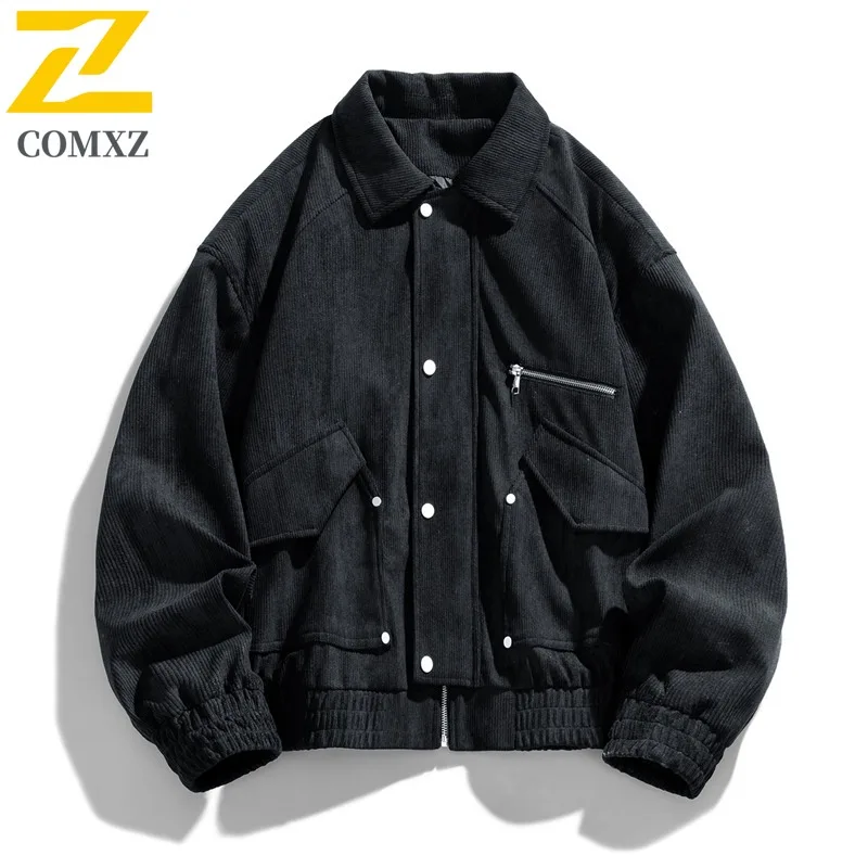 Men's Corduroy Workwear Jacket Japanese Style Notch Lapel Coat Water-Resistant Windproof Loose Fit Vintage Utility Streetwear