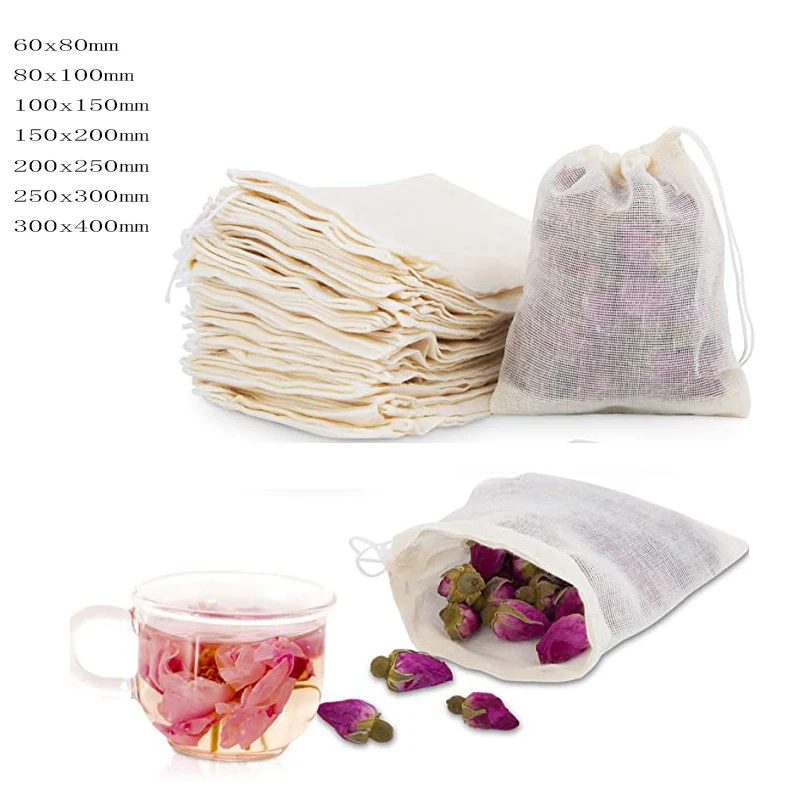 100/50/10Pcs Reusable 6x8cm/8x10/10x15cm/15x20cm/20x25cm/25x30cm/30x40cmcm New Cotton Muslin Drawstring Bags for Soap Herbs Tea