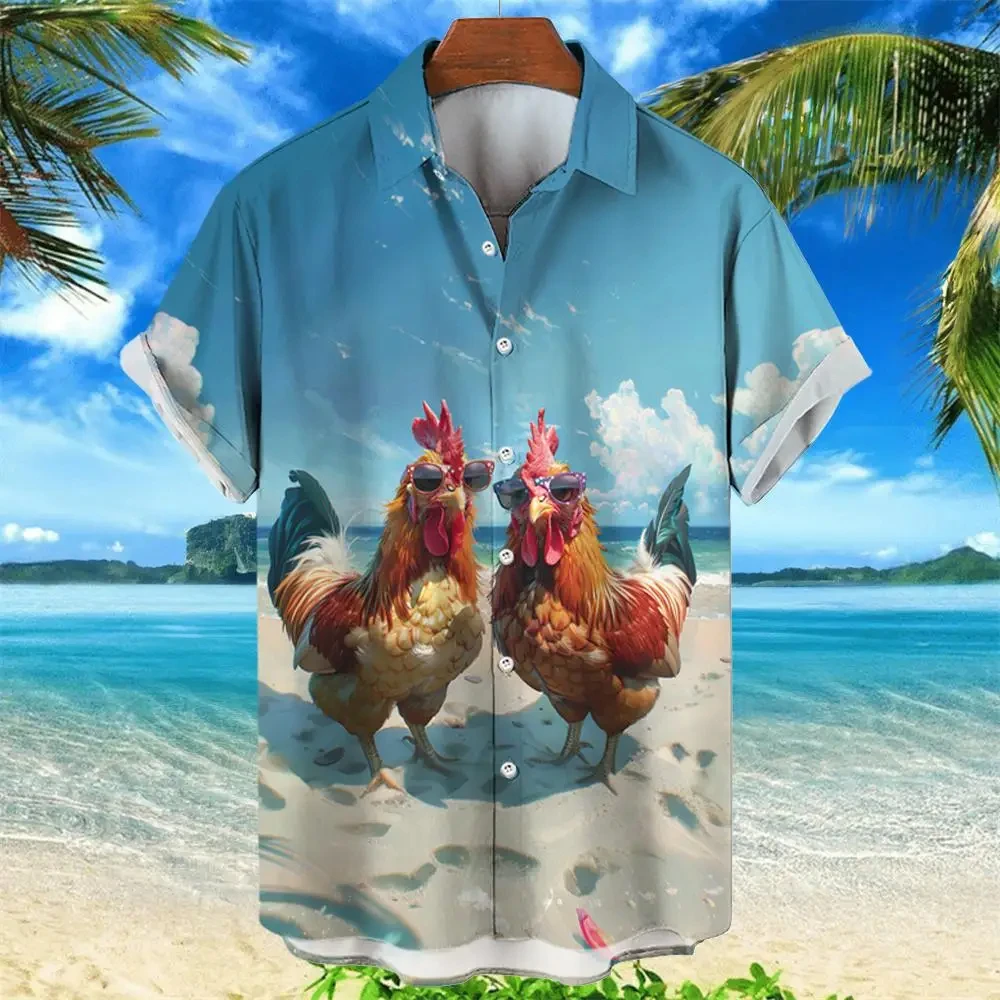 Hawaii Herren hemd Cartoon 3d Tier Huhn Druck Tops Sommer Mode Urlaub Kurzarm Hemden Revers Knopf Kleidung