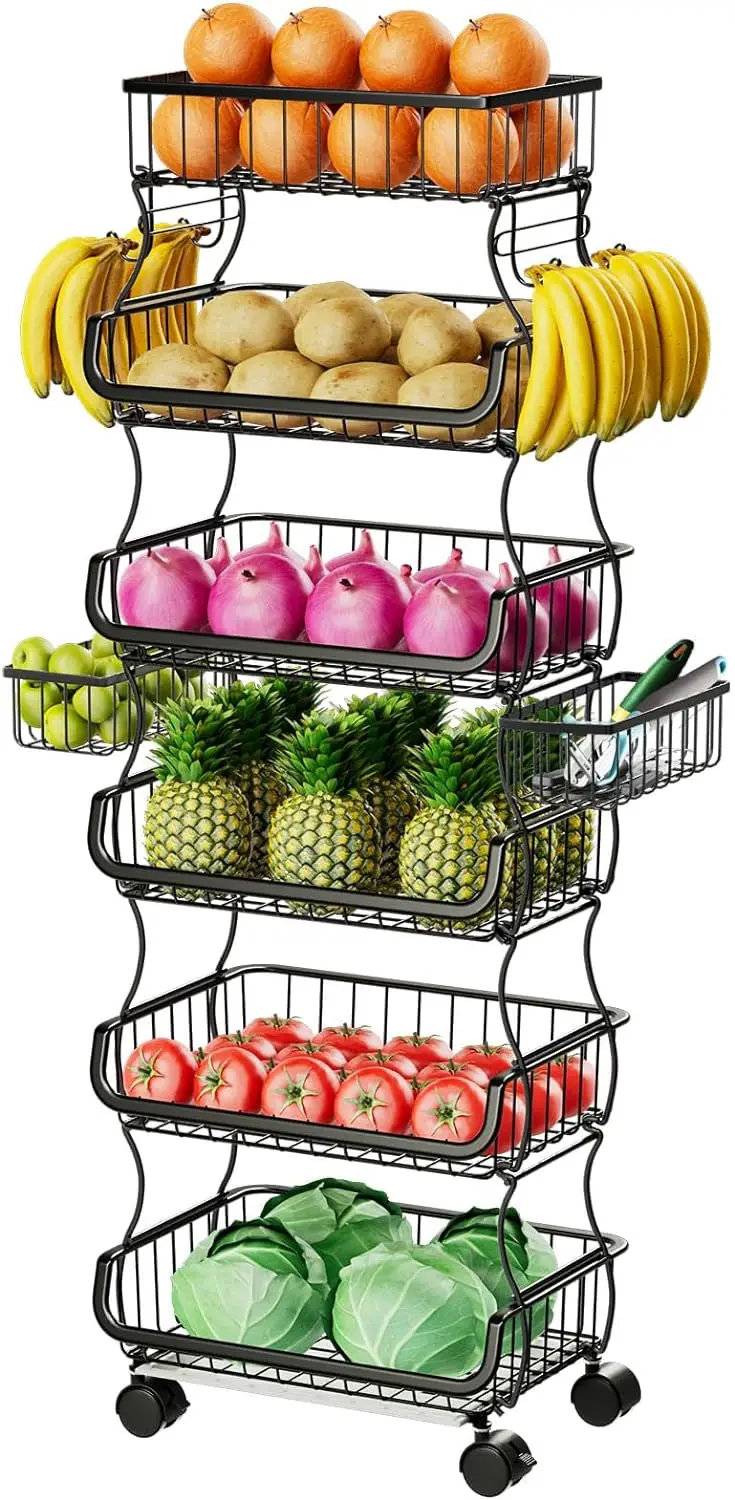 

6 Tier Rolling Cart, Stackable Fruit Vegetable Basket with Wheels and 2 Hanging Basket, Kitchen Storage Metal Wire Basket Stand