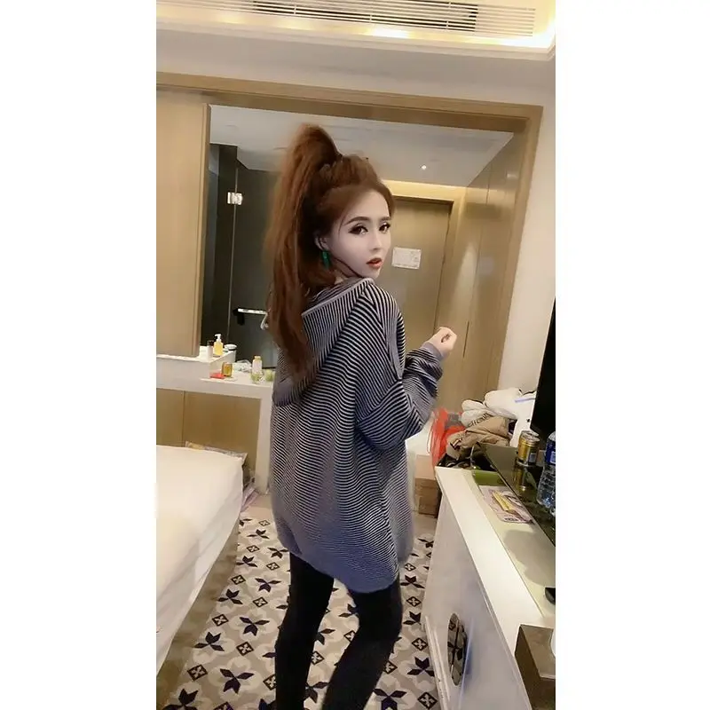 European Station Fashion Striped Knitwear Women's 2023 Autumn New Hooded Design Long Sleeve Loose Midi Sweater