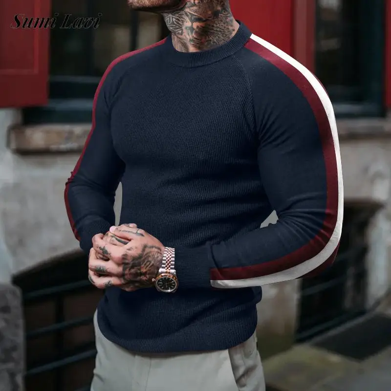 

Fall Fashion Slim Sweater Mens Knitted T Shirt Long Sleeve Patchwork Striped Knit Jumper Top Men Casual Sports T-shirts Knitting