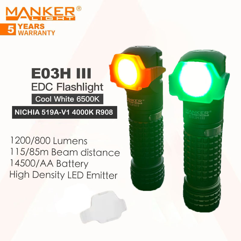 Manker E03H III Rechargeable Portable Flashlight/Headlamp, with White/Red/Green Filters,14500 Battery,1200 Lumens, Magnetic Tail