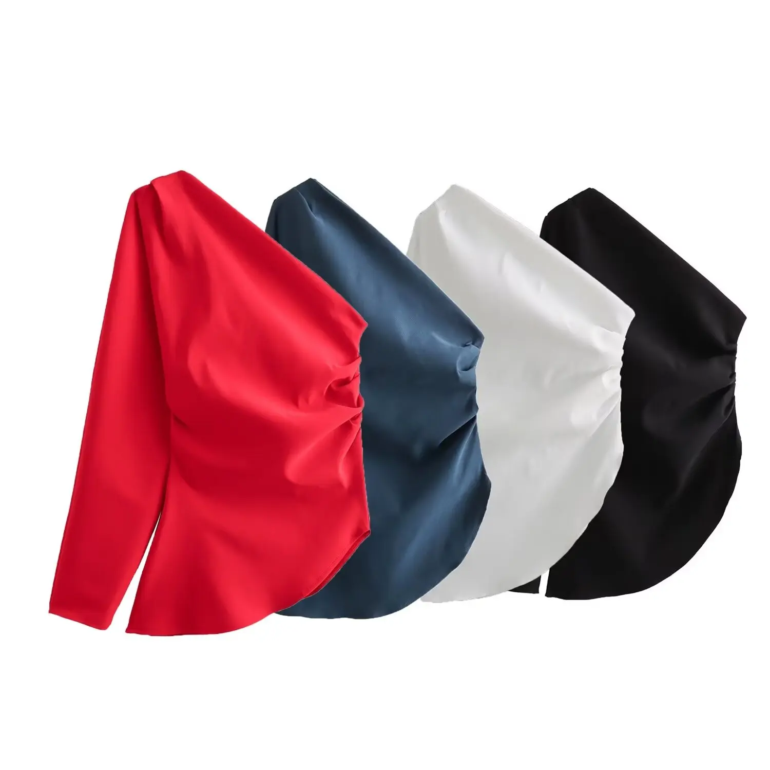

Women 2023 New Fashion Pleated decoration Slim Asymmetric Tops Vintage One shoulder sleeve Female Shirts Chic Tops
