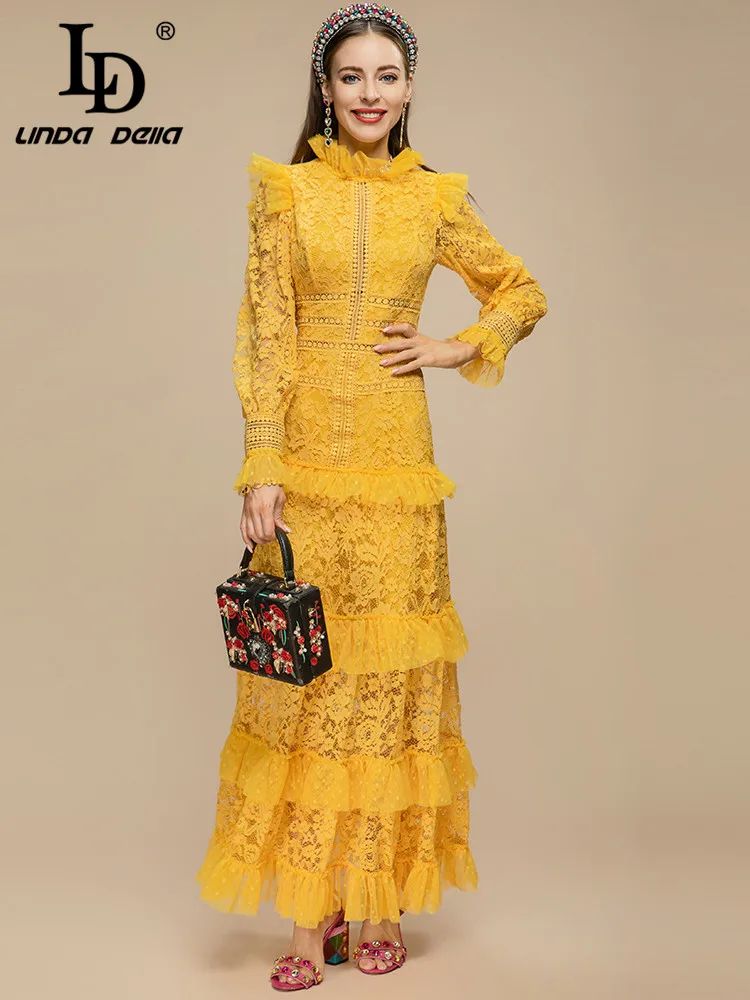 

LD LINDA DELLA Fashion Runway 2023 Summer Dress Women Flare Sleeve Lace Hollow out Embroidery Vintage Party Long Dresses