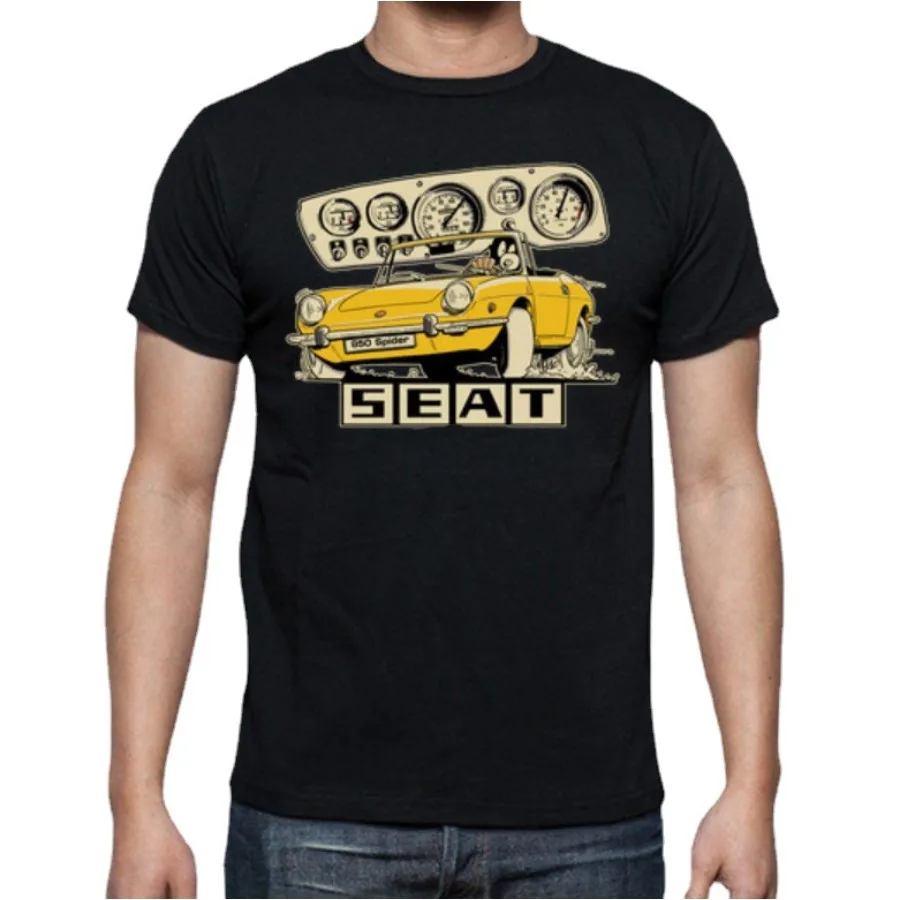 

Футболка с изображением испанского автомобиля-мультяшного автомобиля S E A T 850 человек-паук амарино Летняя Хлопковая мужская футболка с круглым вырезом и коротким рукавом Новинка