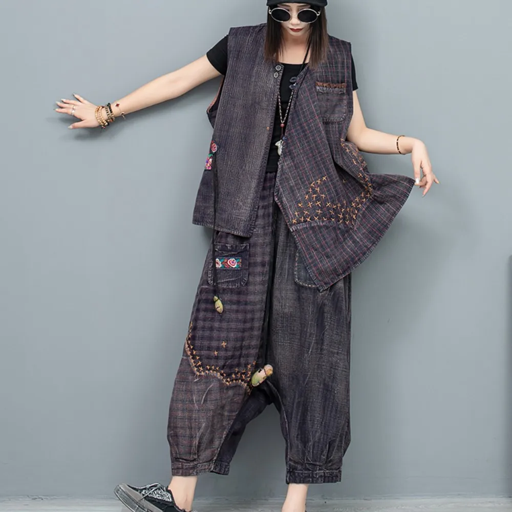 

Two Piece Set Women 2024 Spring Summer Fashion Pant Set Distressed Hand Embroidered Patchwork Tie Up Vest + Pant LX832