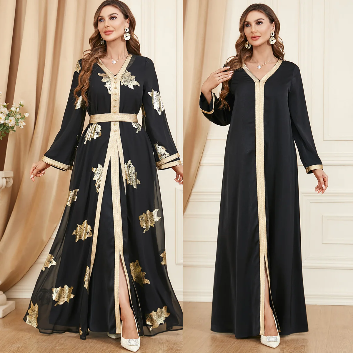 Elegant Casual Chiffon Turkish Abayas for Women Muslim 2 Pieces Set Gold Stamping Full Sleeve Belted Kaftan Gorgeous Party Style