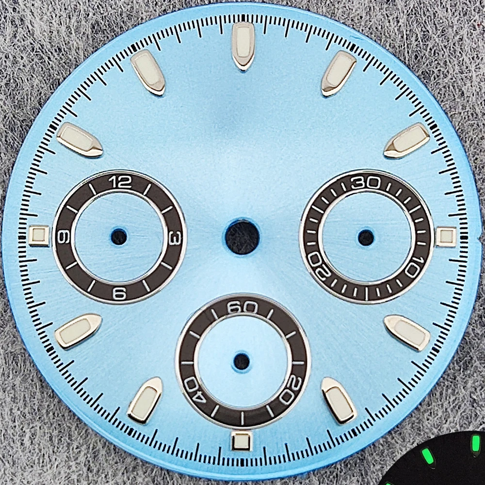 29.5mm Green Luminous Chronograph Dial with 6 Hands for Quartz Movement Watches