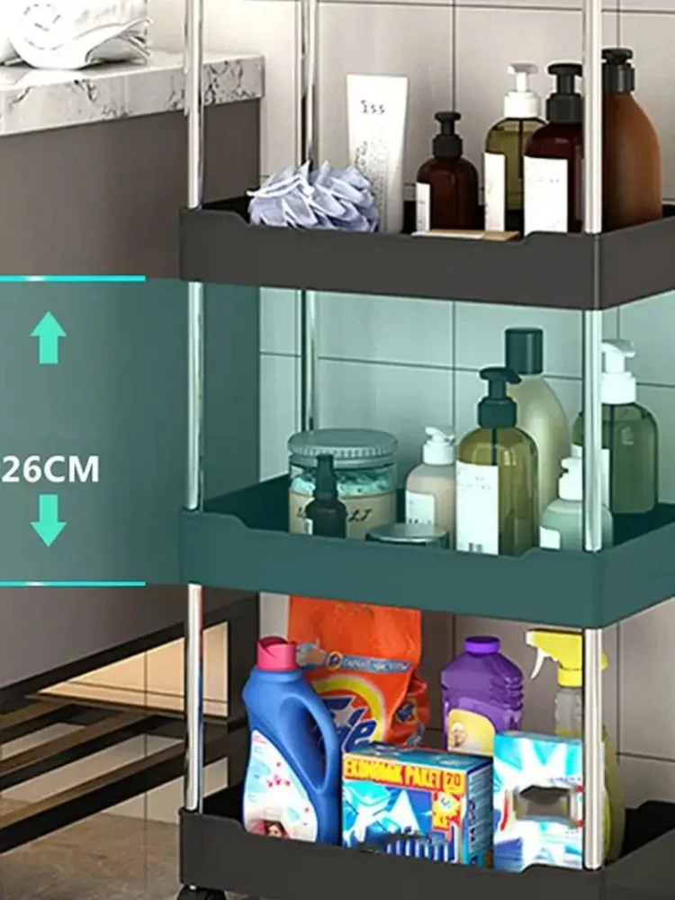4 Tier Bathroom Shelf Movable Gap Trolley Slim Shampoo Rack with Wheels Shower Rolling Cart Bathroom Accessories No Drill