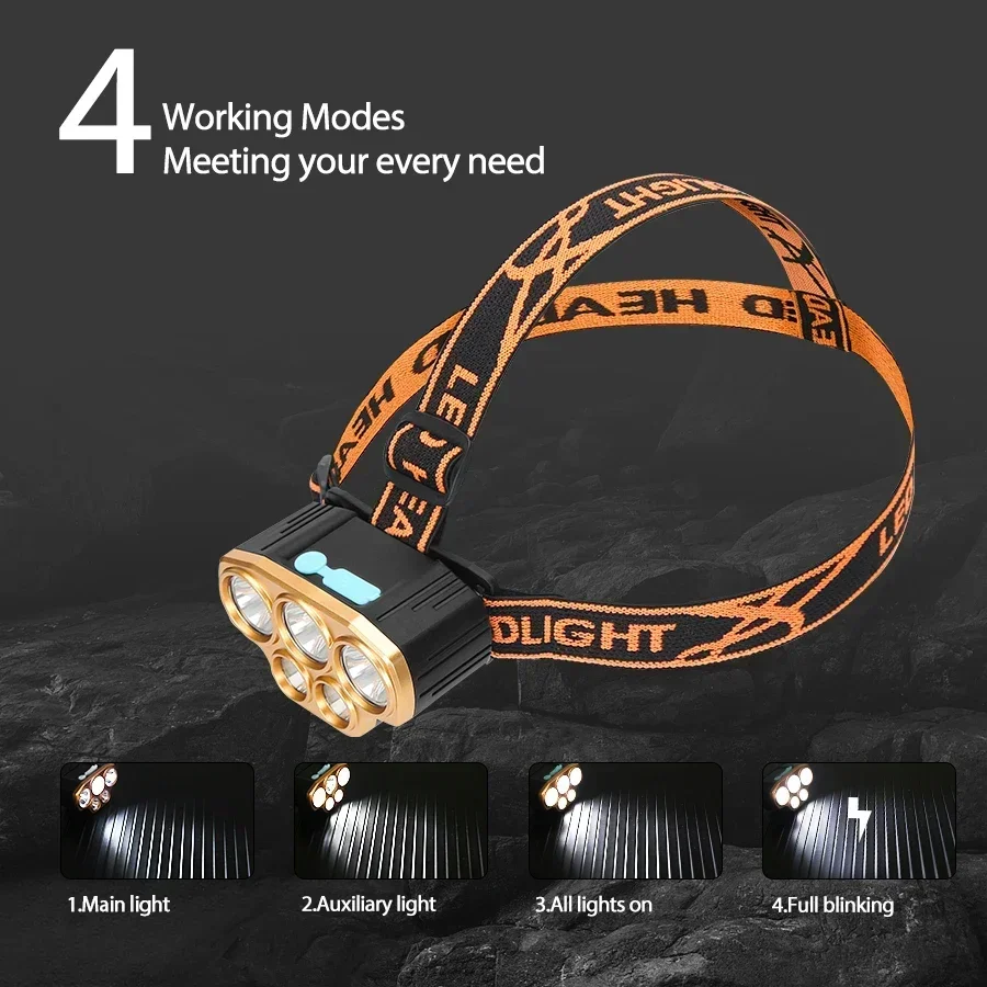 강력한 5 LED 헤드램프, USB 충전식 헤드램프, 낚시 헤드 손전등, 방수 사냥 캠핑 야외 달리기 하이킹 조명