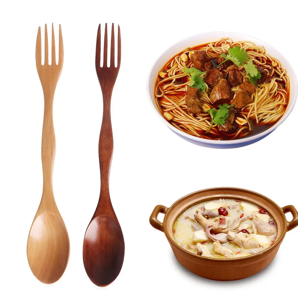 Natural Wood Dual Head Spoon Fork for Dining