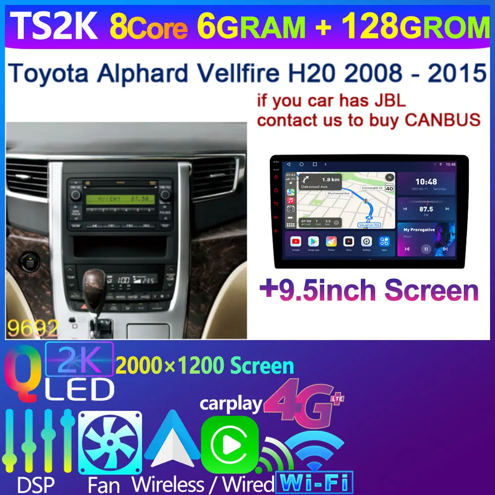 thumbnail image 1 of Radio para coche con Android 12, 8 núcleos, 8 GB + 256 GB, QLED 2K, 4G, LTE, WiFi, CarPlay, navegación GPS, para Toyota Alphard Vellfire H20 2008-2014 2015, 1 of 5