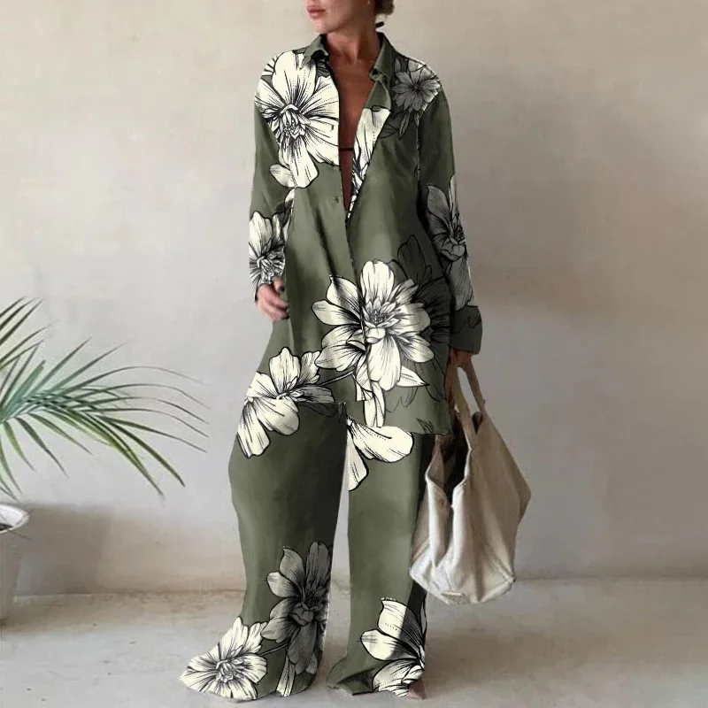 

Women Printed Long Sleeve Shirt 2 Piece Set Elegant Lapel Single-breasted Tops Suit 2023 Female Wide Leg Pants Outfits