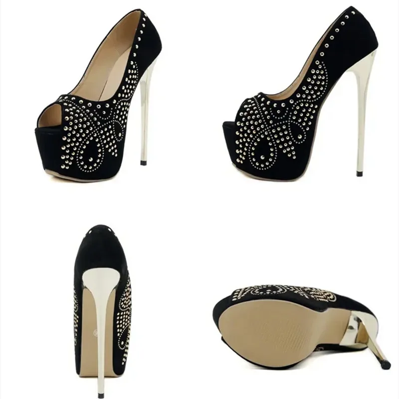 Black Rivet Design Ultra High Heel Women Pumps Sexy Peep Toe Thin High Heels Platform Stiletto High Heels Nightclub Dress Shoes 6 Black Rivet Design Ultra High Heel Women Pumps Sexy Peep Toe Thin High Heels Platform Stiletto High Heels Nightclub Dress Shoes - Image 6