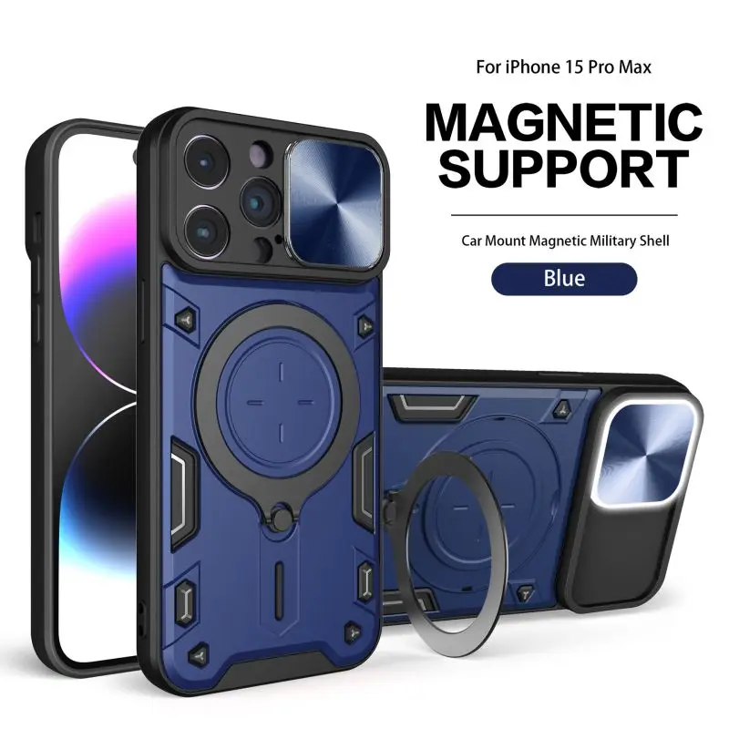Slide Camera Shockproof Armor Case with Ring Holder and Magnetic Back Cover