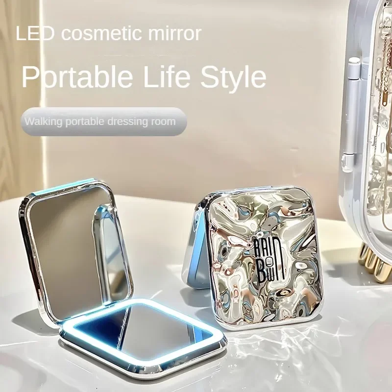 

LED cosmetic mirror student dormitory with lamp folding mirror desktop hand-held mirror female portable travel carry.