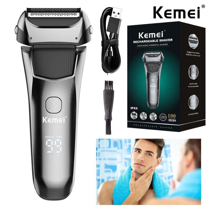 Kemei Washable Wet & Dry Electric Shaver For Men Face Beard Electric Razor Rechargeable Head Bald 3-Blade Shaving Machine System ent shaver system ear