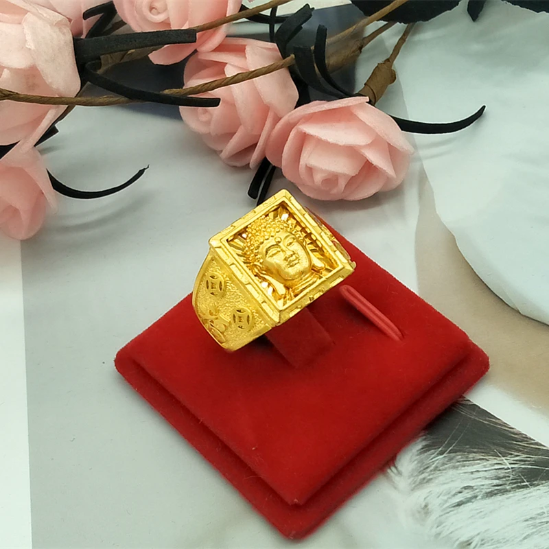 Color Real Gift Father Ring Jewelry Fine Not 18K Gold Religion Fade Brother for Rings Men Finger Head Buddha