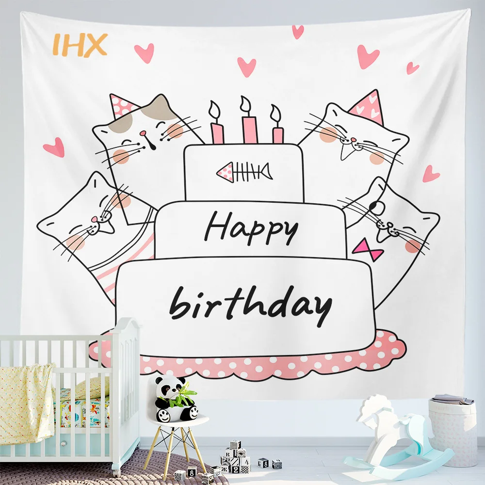Happy Birthday Background Tapestry Cloth Kawaii Children&rsquo;s Room Wall Decoration Girls Dormitory Cartoons Dormit Home Party Decor tapestry decor