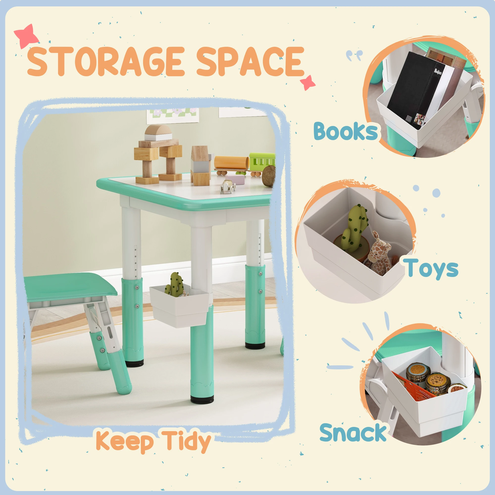 3 Pieces Height Adjustable Kids Table and Chairs for Daycare, Green 6