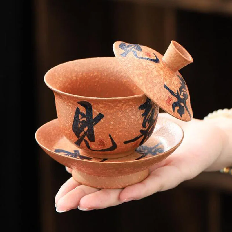 Chinese Style Retro Tea Tureen Flint Red Color Sancai Gaiwan Ceramic Crafts Kungfu Tea Bowl Cup Kitchen Drinkware