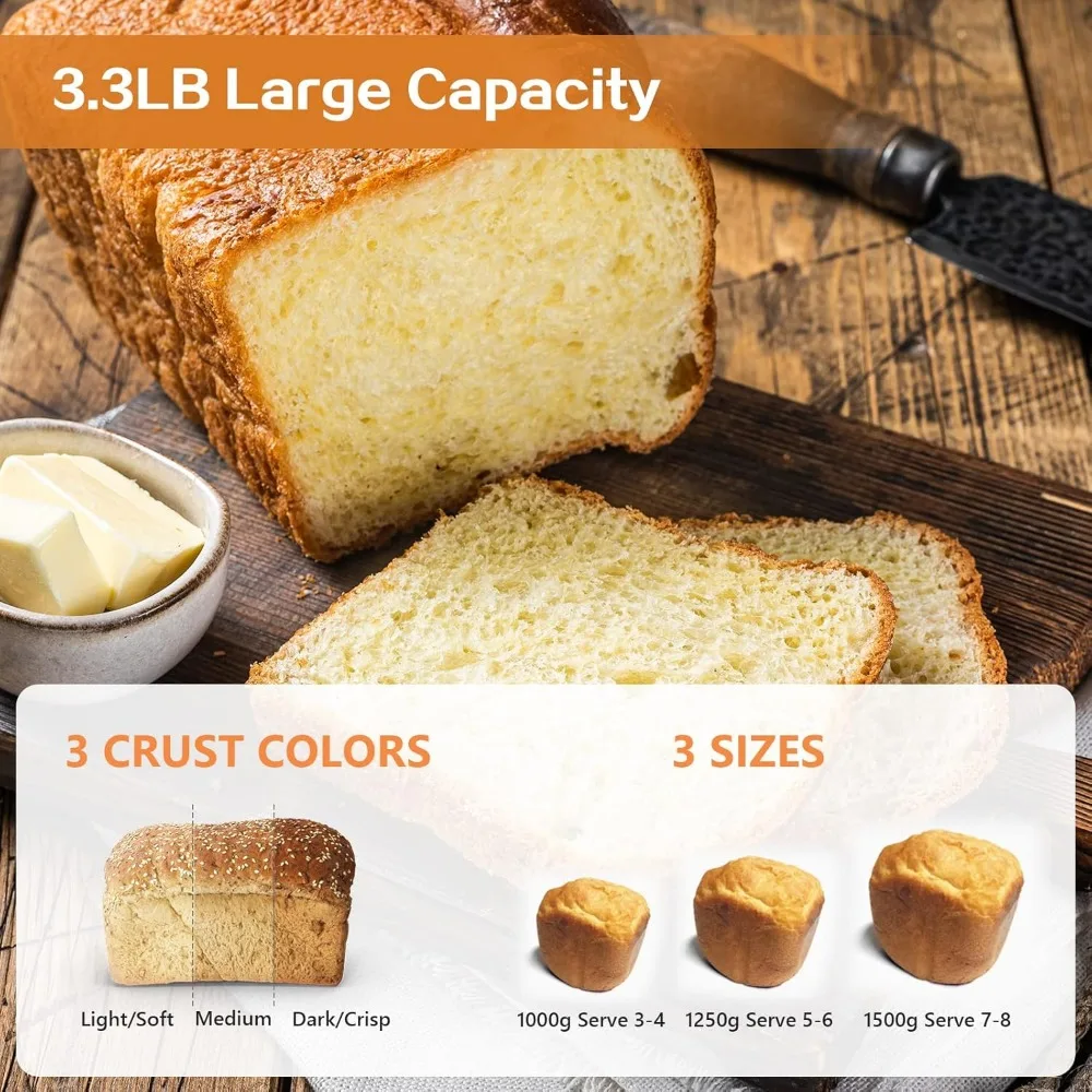 Bread Maker Machine 3.3LB Dough Maker,15-in-1 Automatic Bread Machine Maker with Nonstick Bowl, 3