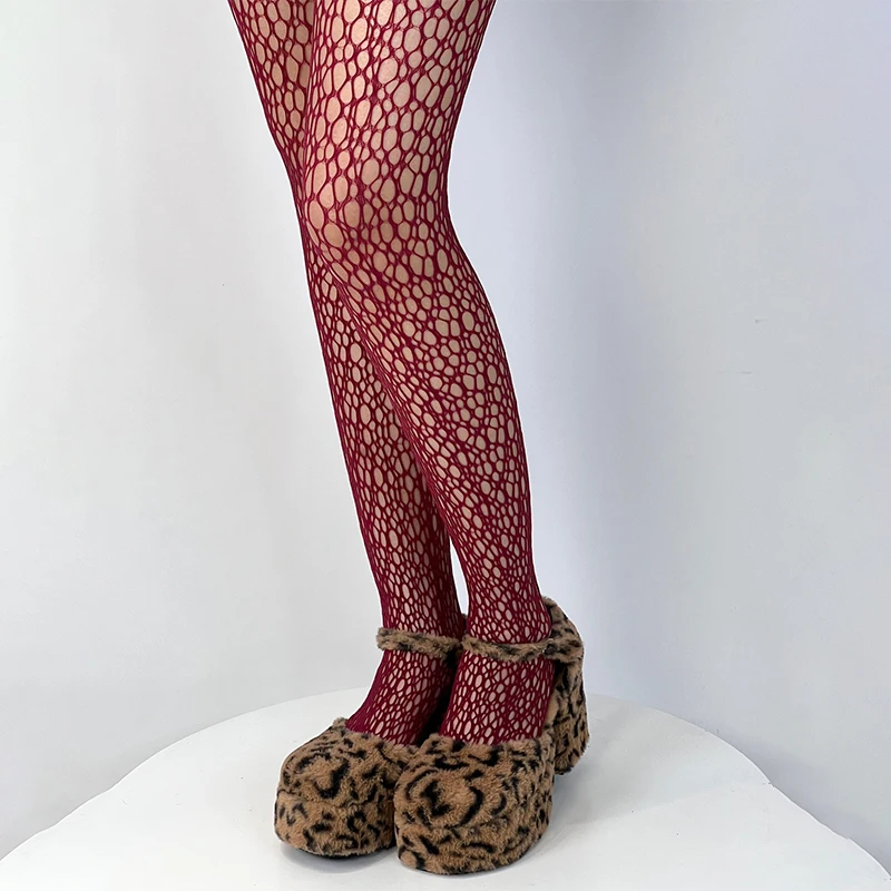 Y2k Mode Gothic Blume Aushöhlen Sexy Strumpfhosen Frauen Fishnet Wein Rot Ins Heiße Mädchen JK Strumpfhosen Hohe Elastische Hipster Leggings – Detail 3